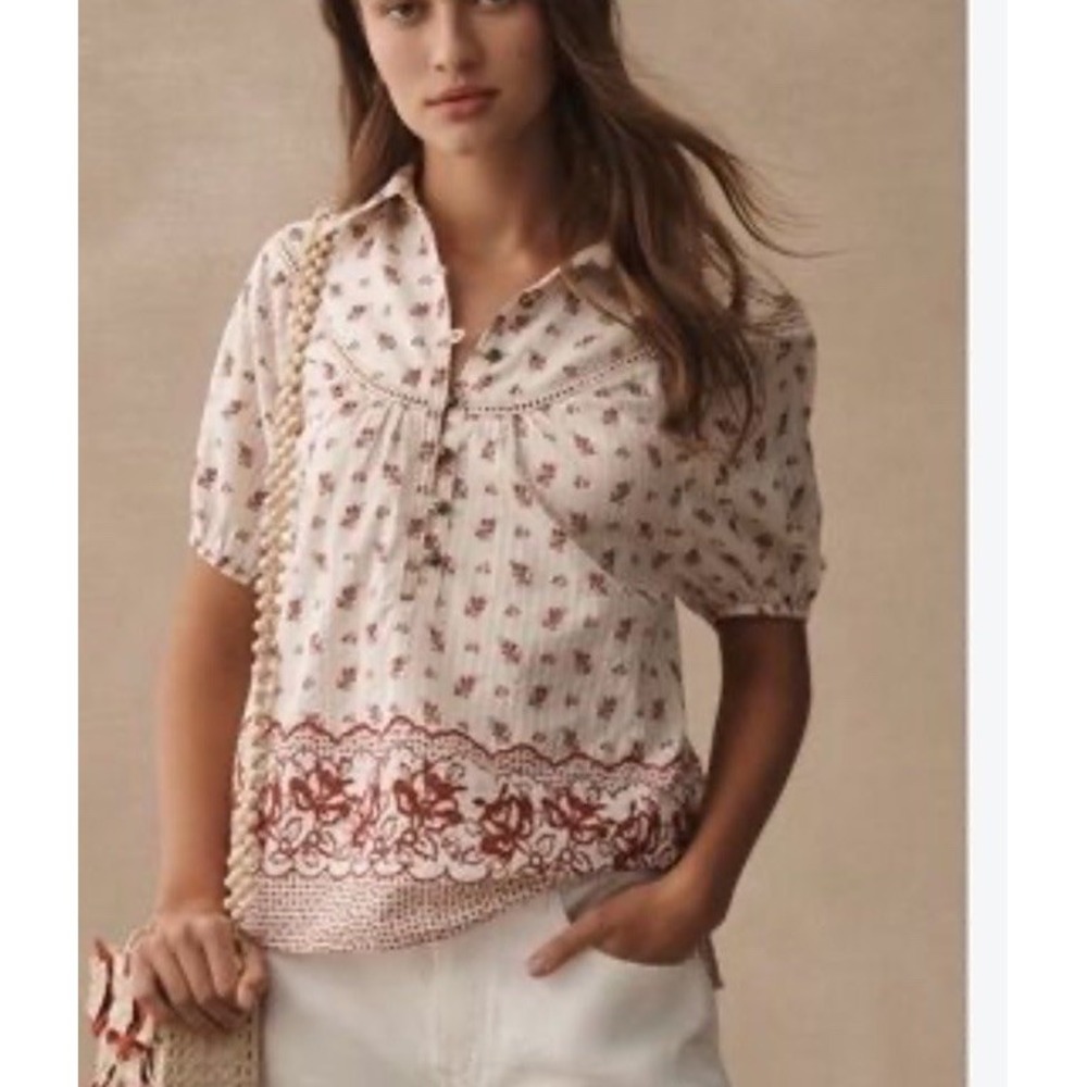 Pilcro Anthro Blouse Short Puff Sleeve Button Front Cream Red Floral Size S